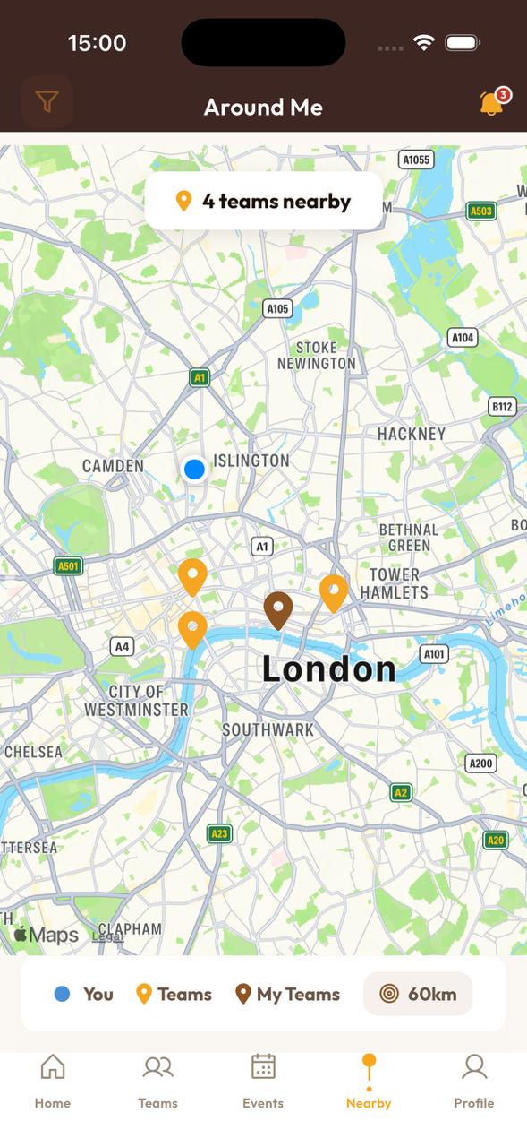 Wapp Around Me map showing nearby teams in London