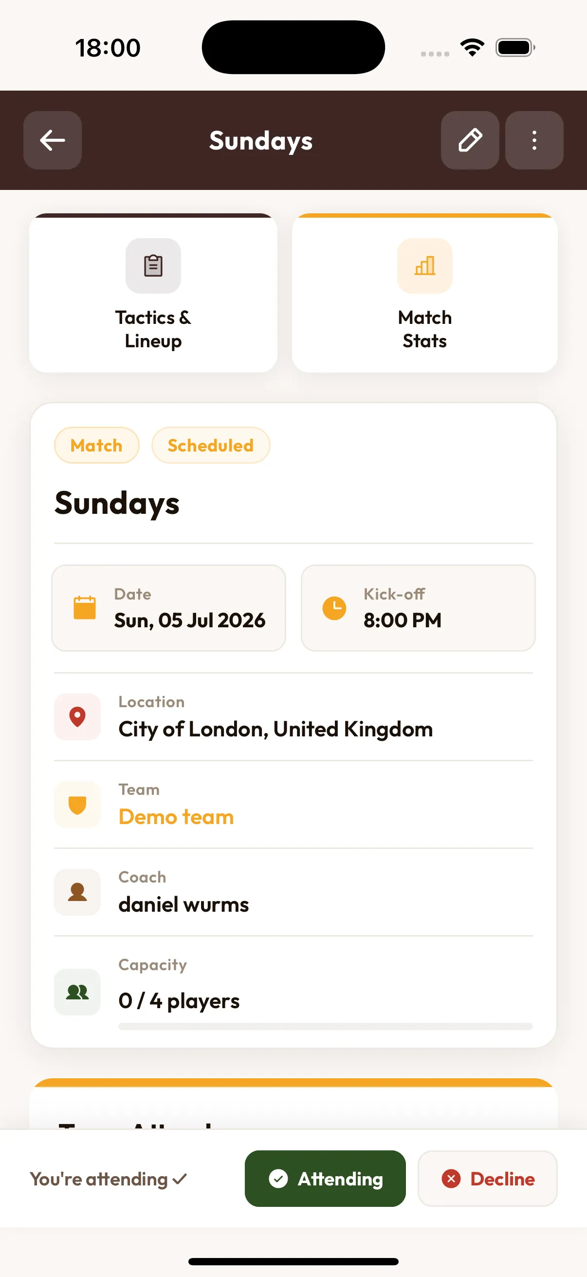 Football event detail showing RSVP list and open spots