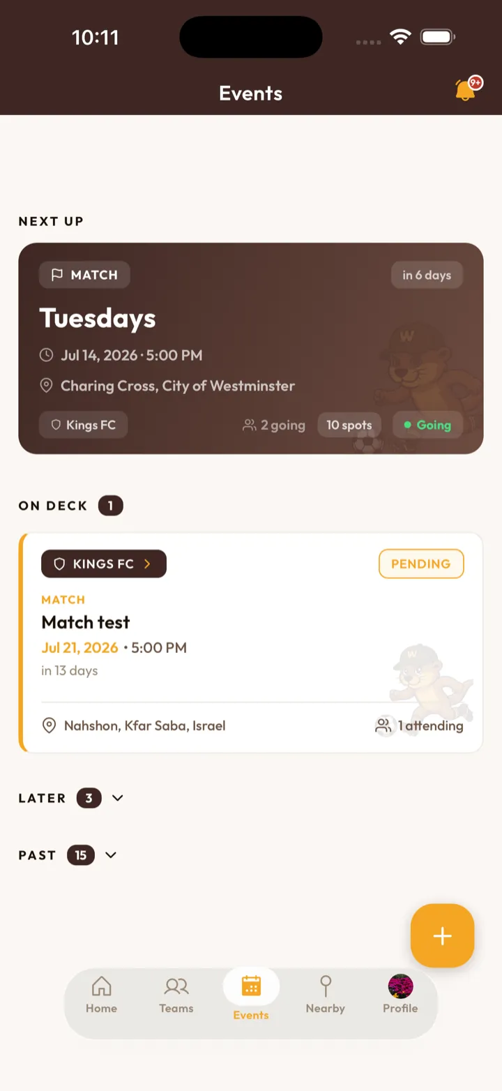 Events list with confirmed upcoming games