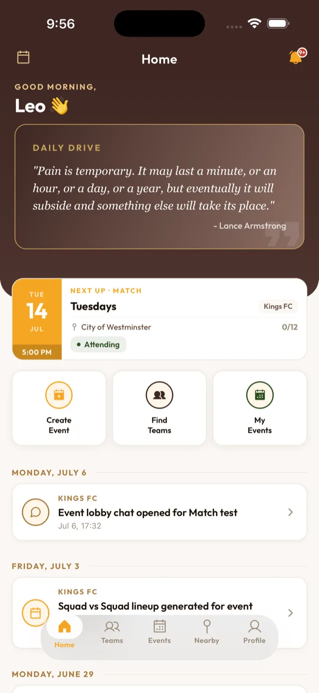 Wapp home screen with today's games and team activity