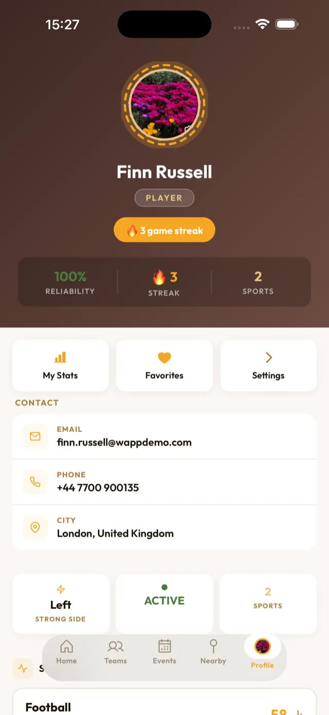 Player profile showing 100% reliability and a 3-game streak